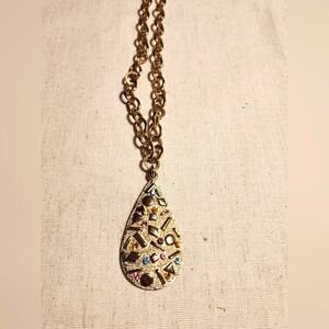 VINTAGE 1960'S ERA SARAH COV GOLD TONE W/RHINESTONE RETRO PENDANT NECKLACE!